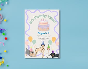 May include: A birthday party invitation with a purple and pink cake, balloons, and dogs wearing party hats. The text reads "It's Pawty Time! Megan is 6. Please join us to celebrate Friday, August 7 at noon. Our place."