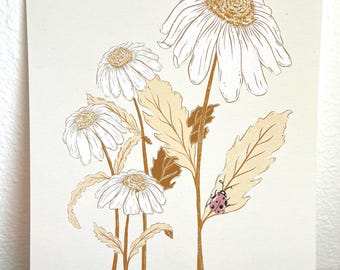 Daisy and Ladybug Art Print: Cottagecore Botanical Illustration
