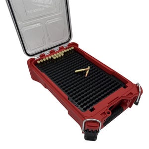 May include: Red ammunition case with a clear lid, holding multiple bullets. The case has a black foam insert with a wave pattern. The text "Milwaukee" is visible on the lid.