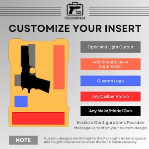 May include: A diagram of a yellow insert with a black handgun silhouette, gray, red, and blue sections. Text includes "Customize Your Insert," and options for customization like "Optic and Light Cutout" and "Custom Logo."