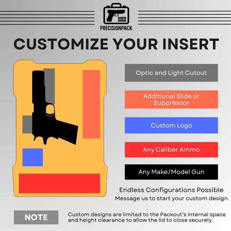 May include: A diagram of a yellow insert with a black handgun silhouette, gray, red, and blue sections. Text includes "Customize Your Insert," and options for customization like "Optic and Light Cutout" and "Custom Logo."