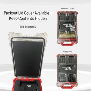 May include: Red and clear Packout storage cases, one open and one closed, with the text "Packout Lid Cover Available - Keep Contents Hidden". The open case shows a black interior and the text "P365". Two additional cases are shown, one with and one without a cover.