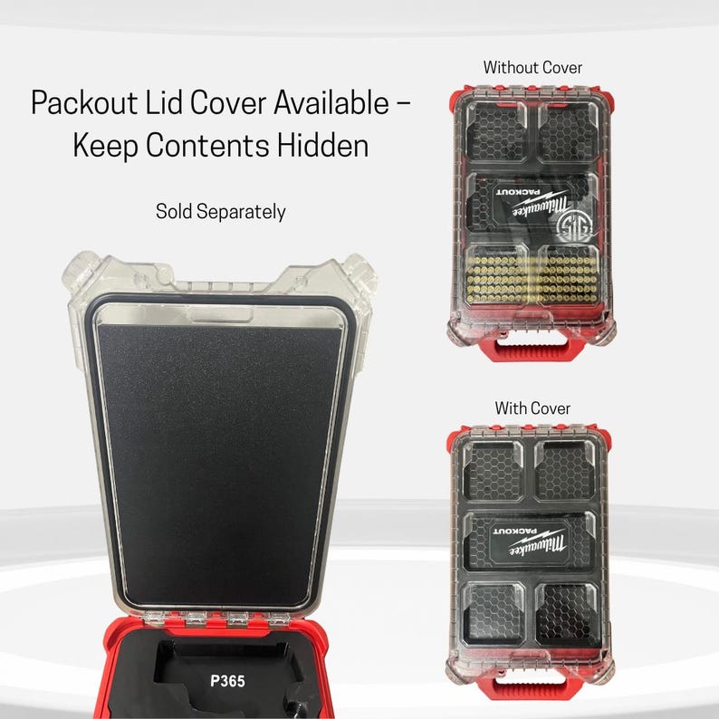 May include: Red and clear Packout storage cases, one open and one closed, with the text "Packout Lid Cover Available - Keep Contents Hidden". The open case shows a black interior and the text "P365". Two additional cases are shown, one with and one without a cover.