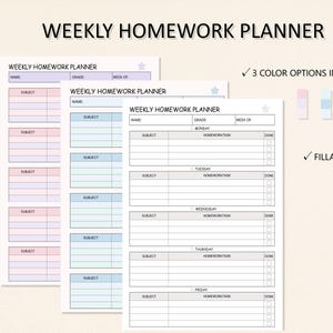 May include: Printable weekly homework planners with the text "WEEKLY HOMEWORK PLANNER". The planners have sections for subjects, homework tasks, and a "done" checkbox. Includes 3 colour options and is a fillable PDF.
