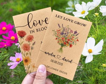 Personalized Seed Wedding Favors for Guests/Bulk Let Love Grow Seed Packets/Elegant Love in Bloom Florals Favors/Wildflower Seeds Included