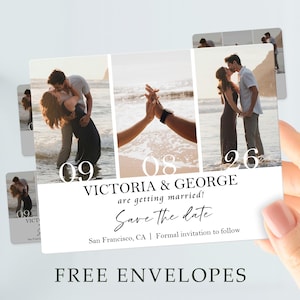 May include: A rectangular save-the-date card with three photos of a couple on a beach. The card reads "VICTORIA & GEORGE are getting married! Save the date" with the date and location. The words "FREE ENVELOPES" are at the bottom.