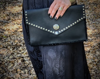 Leather Envelope Clutch, Clutch Bag, Women's Black Handbag, Envelope Purse, Holiday Gifts for Her, Moto Leather Bag, Gothic Christmas Gift