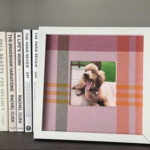 May include: A white framed photo with a plaid fabric mat featuring a dog yawning. The photo is on a shelf with a row of books and a stack of books to the right.