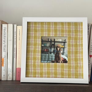 May include: A white framed picture with a yellow plaid mat, displaying a photo of a dog sitting on a couch. The frame is on a shelf with a row of books.
