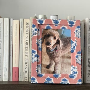 May include: A framed photograph of a brown poodle with a blue collar. The frame has a pink background with a blue and white floral pattern. The frame is on a shelf with a row of books.