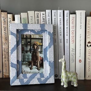 Blue Feather Print Fabric-Wrapped Picture Frame (4x6” matted to fit 3x5” photos)