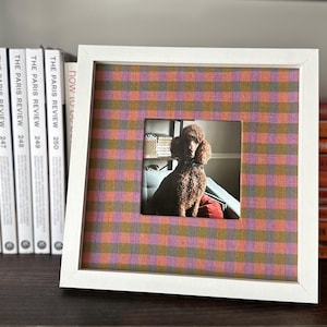 May include: A white framed picture with a photo of a brown poodle. The frame has a plaid pattern in shades of pink, green, and brown. Books are visible on a shelf in the background.