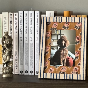 May include: A framed photograph of a poodle, with a floral and striped border, sits on a shelf with books. The frame has a brown floral pattern and blue and white stripes. A silver statue is to the left.