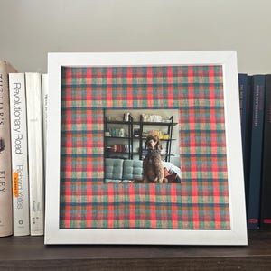 May include: A white framed picture with a plaid pattern in red, teal, and orange. Inside the frame is a photograph of a dog sitting on a couch. Books are on a shelf to the left and right of the frame.
