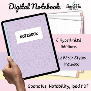 Pode incluir: Um caderno digital em um tablet com a palavra "NOTEBOOK" na capa. O caderno tem um fundo roxo claro com um padrão de ícones relacionados à escola. A imagem também inclui o texto "6 Seções Hiperlinkadas" e "12 Estilos de Papel Incluídos."