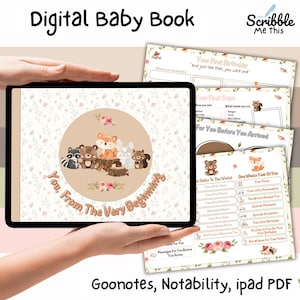 Digital Baby Memory Book | 100+ Page Hyperlinked PDF | Baby’s First Year Journal | Goodnotes | Notability | iPad Baby Scrapbook | Woodland