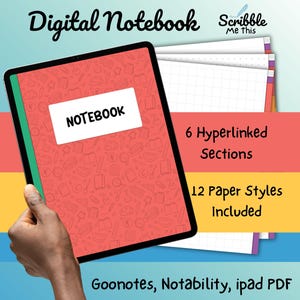 Pode incluir: Um caderno digital num tablet com uma capa vermelha com a etiqueta "NOTEBOOK". A imagem destaca 6 secções com hiperligações e 12 estilos de papel. O fundo apresenta o texto: "Goonotes, Notability, ipad PDF."