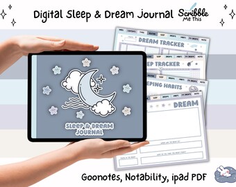 Può includere: Un diario digitale del sonno e dei sogni visualizzato su un tablet, con uno sfondo azzurro chiaro con un design a luna crescente e stelle. Il diario include tracker dei sogni e registri delle abitudini del sonno. Il testo "Digital Sleep & Dream Journal" è visibile.