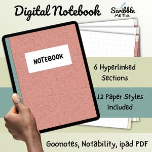 Pode incluir: Um caderno digital num tablet com uma capa rosa com um padrão de ícones relacionados com a escola. A palavra "NOTEBOOK" está num retângulo branco. A imagem também mostra 6 secções com hiperligações e 12 estilos de papel.