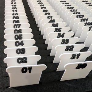 Könnte beinhalten: Reihenweise weiße, nummerierte Etiketten mit schwarzen Ziffern, angeordnet in einer dunklen Schaumstoffeinlage. Die Etiketten haben eine markante Form mit abgerundeter Oberseite und rechteckiger Basis. Die Zahlen reichen von 01 bis 152.