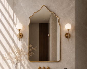 Art Deco Gold Arch Mirror | Elegant Unlacquered Brass Frame for Bathroom Vanity Entryway Decor