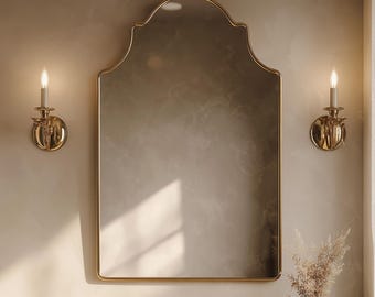 French Brass Art Deco Mirror – Solid Brass Moroccan Craft – Modern Organic Wall Decor