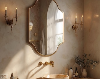 Antique Brass Wall Mirror | Art Deco Bathroom Vanity Mirror | Gold Statement Mirror