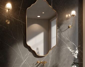 Geschulpte messing boogspiegel, Marokkaans handgemaakt ijdelheidsdecor