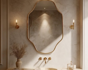 Handgemaakte onregelmatige koperen spiegel, moderne art-deco make-upmuurdecoratie
