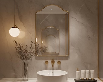 Specchio in ottone stile castello francese - Specchio da toeletta dorato arcuato - Realizzato artigianalmente