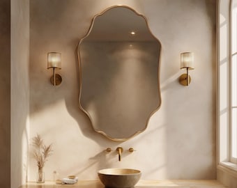 Handmade Scalloped Brass Mirror, Moroccan Arch Boho Vanity Decor