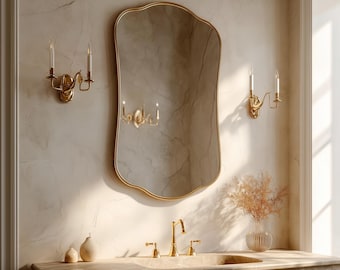 Handcrafted Moroccan Antique Brass Mirror | Scalloped Arch, Boho Gold Accent