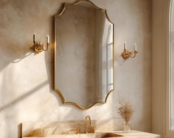 Moroccan Antique Brass Irregular Wall Mirror | Scalloped Arched Italian Modern Decorative Boho Gold Accent Mirror