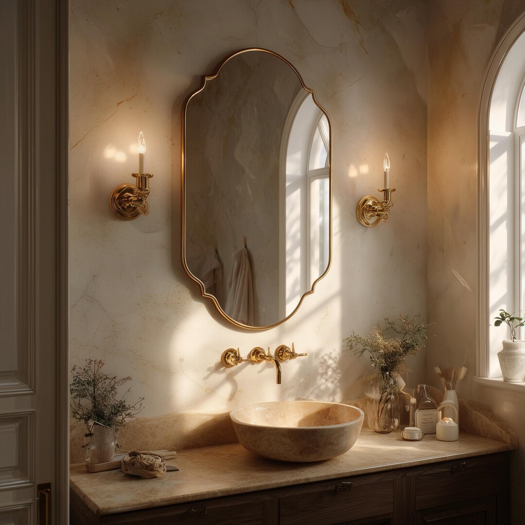 Antique Brass Glam Mirror | Ornate Vanity Wall Mirror | Art Nouveau ...