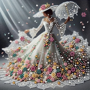 May include: A figure wearing a white gown and wide-brimmed hat adorned with numerous white pearls, gold spheres, and pink and teal floral accents. The figure holds a white lace parasol decorated with pearls, surrounded by floating floral elements.