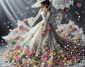 May include: A figure wearing a white gown and wide-brimmed hat adorned with numerous white pearls, gold spheres, and pink and teal floral accents. The figure holds a white lace parasol decorated with pearls, surrounded by floating floral elements.