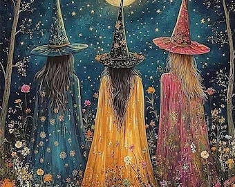 Halloween Witch Diamond Painting Kit, 5D Witches Diamond Art, Round Full Drill DIY Craft, Adult Halloween Wall Decor, Spooky Art Gift