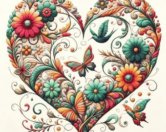 Flower Heart Diamond Painting Kit, 5D Butterfly Diamond Art, Full Round Drill DIY Craft, Floral Wall Decor, Adult Hobby, 12x16 Inch