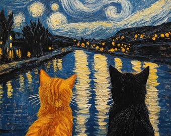 Starry Night Cat Diamond Painting Kit, 5D Round Drill Diamond Art for Adults, DIY Cat Craft, 12x16 Inch Wall Decor Gift