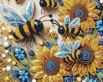 Sunflower Bee Diamond Painting Kit, 5D Special Shape Crystal Diamond Art, DIY Rhinestone Craft for Adults, Floral Wall Decor Gift