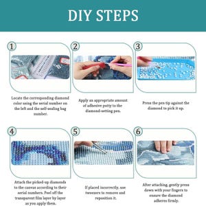 May include: An instructional graphic titled DIY STEPS showing six numbered panels for diamond painting. It illustrates locating serial numbers, applying adhesive putty to a pen, picking up diamonds, placing them on a canvas, using tweezers, and pressing down to secure the diamonds.