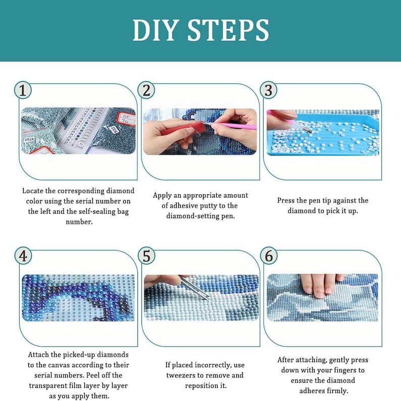 May include: An instructional graphic titled DIY STEPS showing six numbered panels for diamond painting. It illustrates locating serial numbers, applying adhesive putty to a pen, picking up diamonds, placing them on a canvas, using tweezers, and pressing down to secure the diamonds.