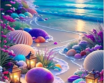 Seashell Beach Diamond Painting Kit for Adults, 5D Full Drill Diamond Art, Coastal Gem Craft, Sunshine Wall Decor