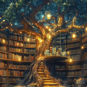 May include: A large tree with a thick, textured trunk and branches serves as the centerpiece of a library, featuring curved wooden bookshelves filled with books. Glowing lanterns hang from the branches, illuminating a staircase and stacks of books.