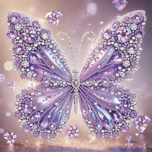 May include: A sparkling butterfly design with purple and silver embellishments. The butterfly's wings are adorned with numerous gems and pearls, creating a dazzling effect. The background is a soft, blurred gradient of pink and gold.