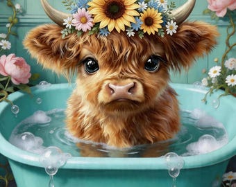 Highland Cow Diamond Painting Kit, 5D Full Round Drill Farm Animal Art, Cute Cow Calf DIY Craft, Farmhouse Bathroom Decor, 8x12 Inch
