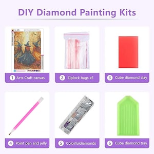 May include: A DIY diamond painting kit featuring six components: a canvas with a witch illustration, five clear ziplock bags, a red rectangular block of diamond clay, a pink point pen, a packet of colorful diamonds, and a green grooved tray.