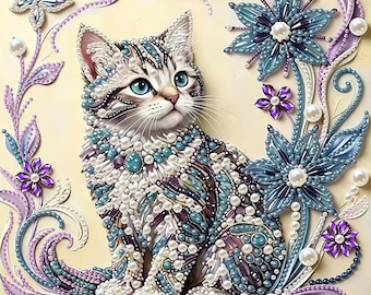 Cat Pearl Diamond Painting Kit, 5D Full Drill Animal Art, DIY Diamond Dot Craft for Adults, Cute Cat Wall Decor, 12x16 Inch