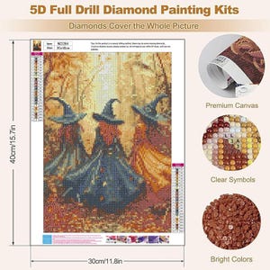 May include: A 5D full drill diamond painting kit featuring three figures in pointed hats standing in an autumn forest. The canvas measures 30cm by 40cm, or 11.8 inches by 15.7 inches. Includes a color-coded symbol chart, premium canvas, and bright resin drills.