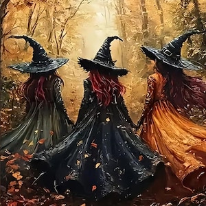 May include: Three figures wearing pointed black hats and long, flowing cloaks in shades of dark green, black, and orange. They have long red hair and are walking away from the viewer through a forest filled with fallen autumn leaves and trees.
